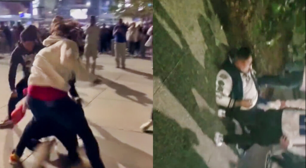 Two photos of Cowboys fans fighting