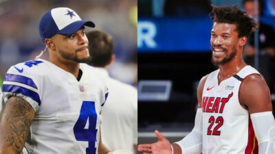 Photo of Dak Prescott wearing a cap and photo of Jimmy Butler laughing