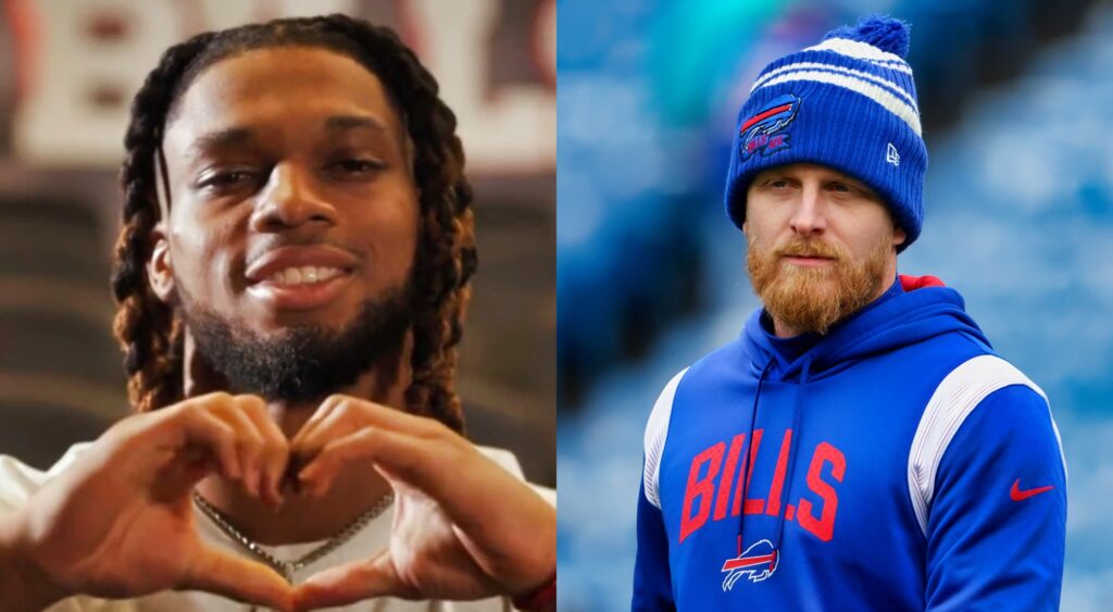 Split image of Damar Hamlin making a heart symbol and Cole Beasley warming up before a game.