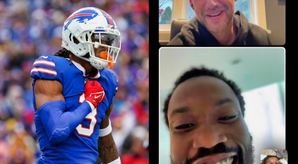 A split image of Damar Hamlin thumping his chest during a game, and Meek Mill Facetiming with Hamlin and Michael Rubin.