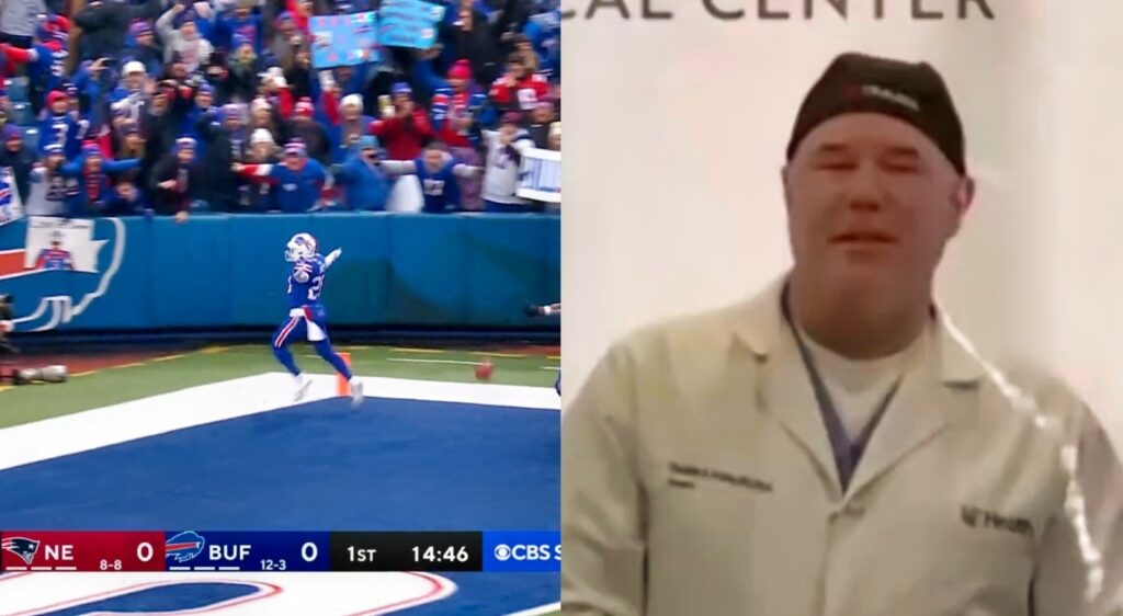 split photo of Bills' Hines scoring a touchdown and Damar Hamlin's doctor talking.
