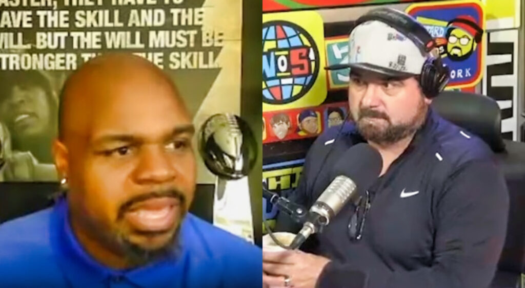 Dan Le Batard sitting behind microphone while picture shows Vince Wilfork in blue shirt