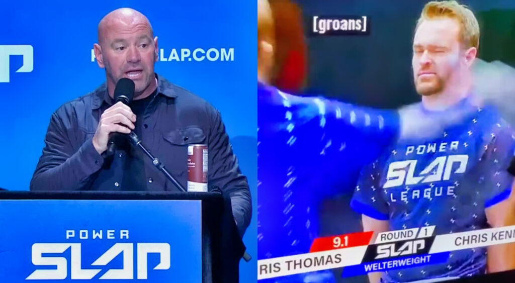Photo of Dana White at Power Slap press conference and photo of Power Slap contestants