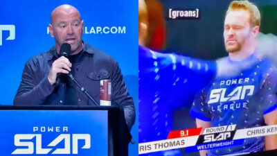 Photo of Dana White at Power Slap press conference and photo of Power Slap contestants