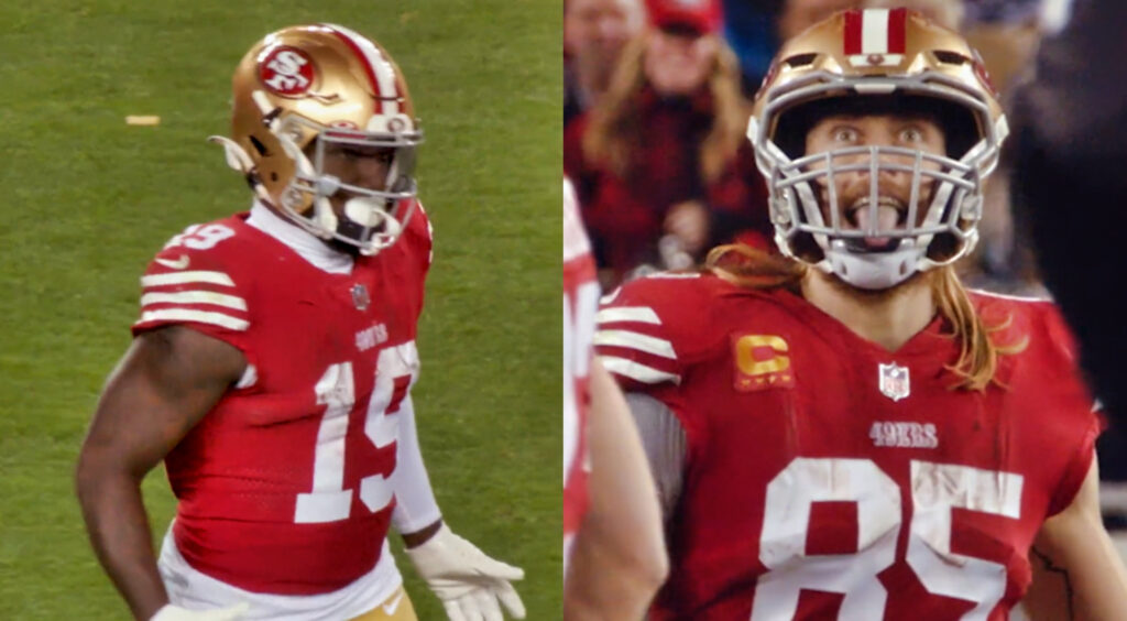 San Francisco 49ers wide receiver Deebo Samuel (left). Tight end George Kittle reacts after play (right).