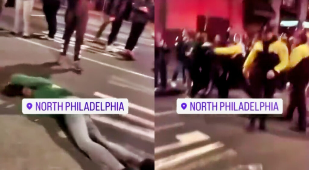 Photo of female Eagles fan lying on the ground and photo of Philadelphia police