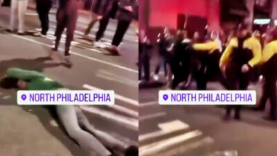 Photo of female Eagles fan lying on the ground and photo of Philadelphia police