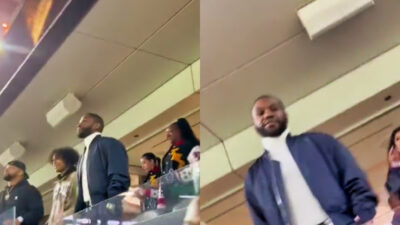 Photo of Floyd Mayweather Jr. watching national title game and photo of Floyd Mayweather Jr. looking at fan