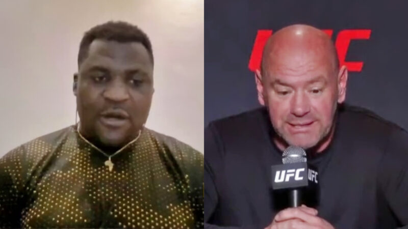 Photos of Francis Ngannou and Dana White speaking during separate interviews