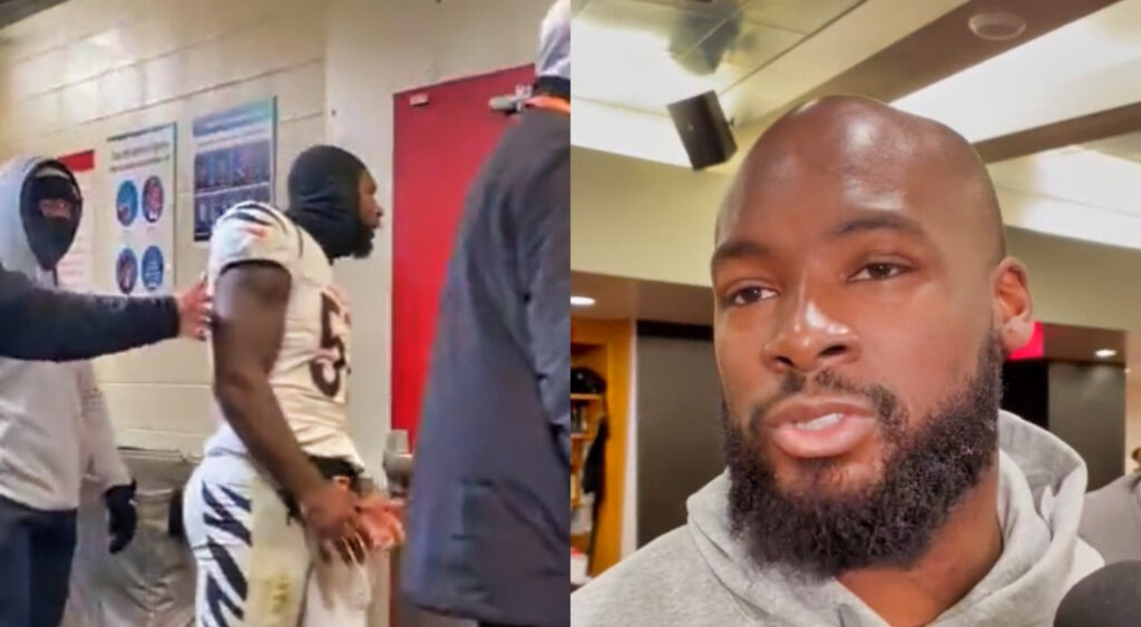 Germaine Pratt storming into locker room while picture shows him speaking with reporters