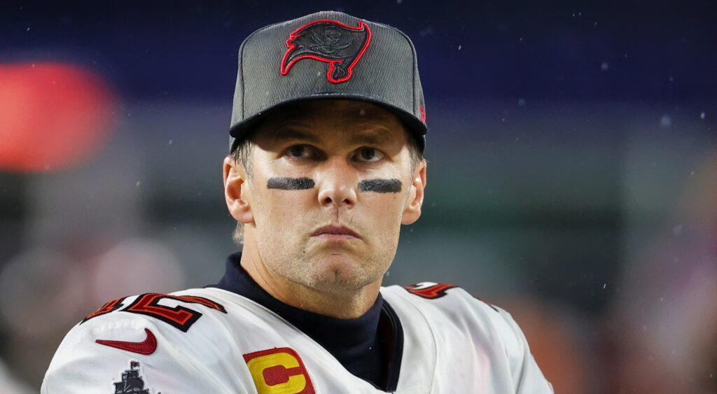 Tom Brady in Bucs hat and looking upset