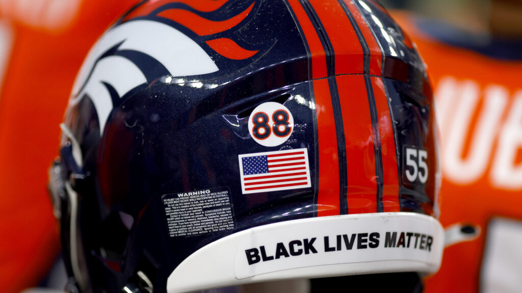 The back of a Denver Broncos helmet.