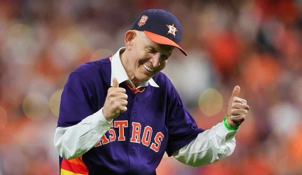 Mattress Mack with astros cap on thumbs up