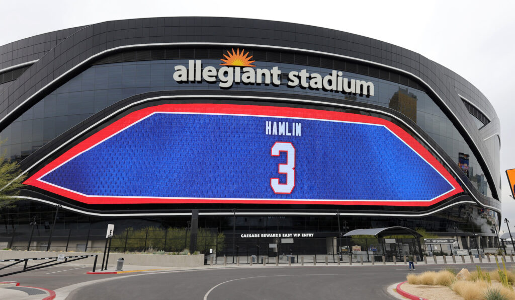 Damar Hamlin's name and number appear on the outside of Allegiant Stadium.