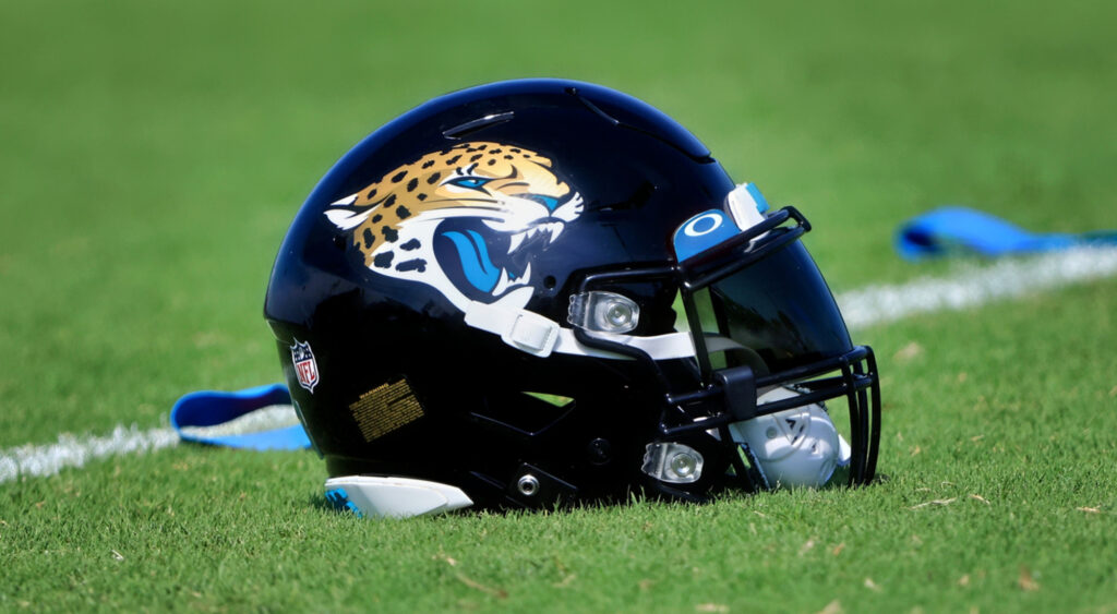 A Jacksonville Jaguars helmet lying on TIAA Bank Field during 2021 minicamp.