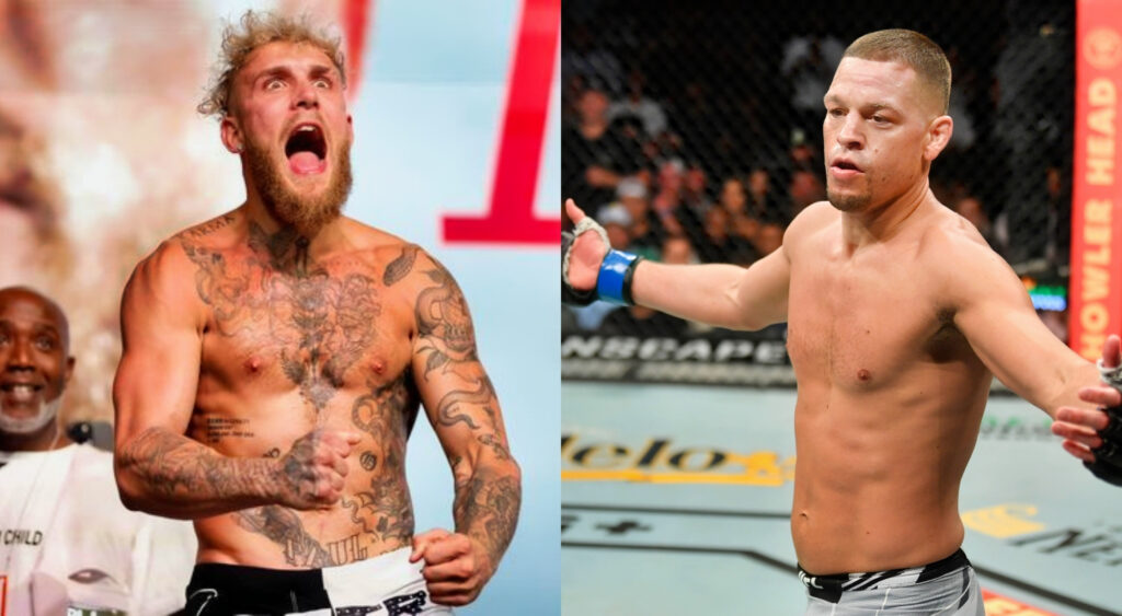 Photo of Jake Paul screaming and photo of Nate Diaz with arms open