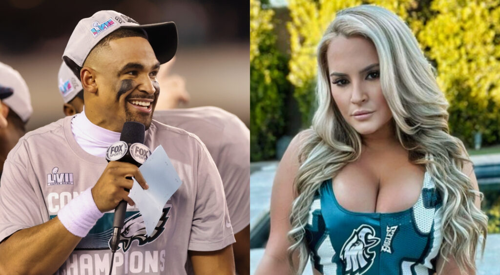 Photo of Jalen Hurts with a mic and photo of Sammy Draper in Eagles vest