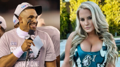 Photo of Jalen Hurts with a mic and photo of Sammy Draper in Eagles vest