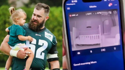 Photo of Jason Kelce holding his daughter and photo of Jason Kelce's daughter on baby monitor