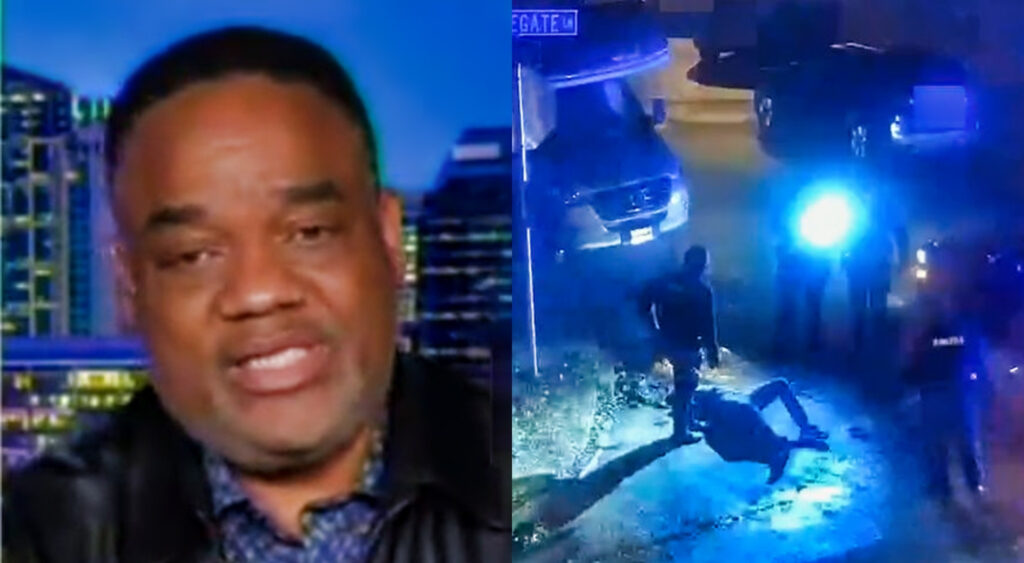 Jason Whitlock on Fox News while picture shows man on ground surrounded by police
