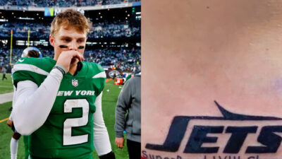 Photo of Zach Wilson looking upset and photo of Jets fan's tattoo