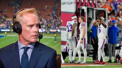 Photo of Joe Buck calling a game and photo of distraught Bills players after Damar Hamlin incident