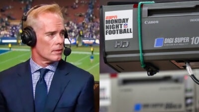 Photo of Joe Buck during broadcast and photo of ESPN camera