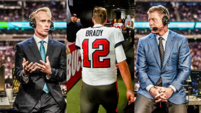 Photo of Joe Buck broadcasting, photo of Tom Brady walking away ,and photo of Troy Aikman broadcasting