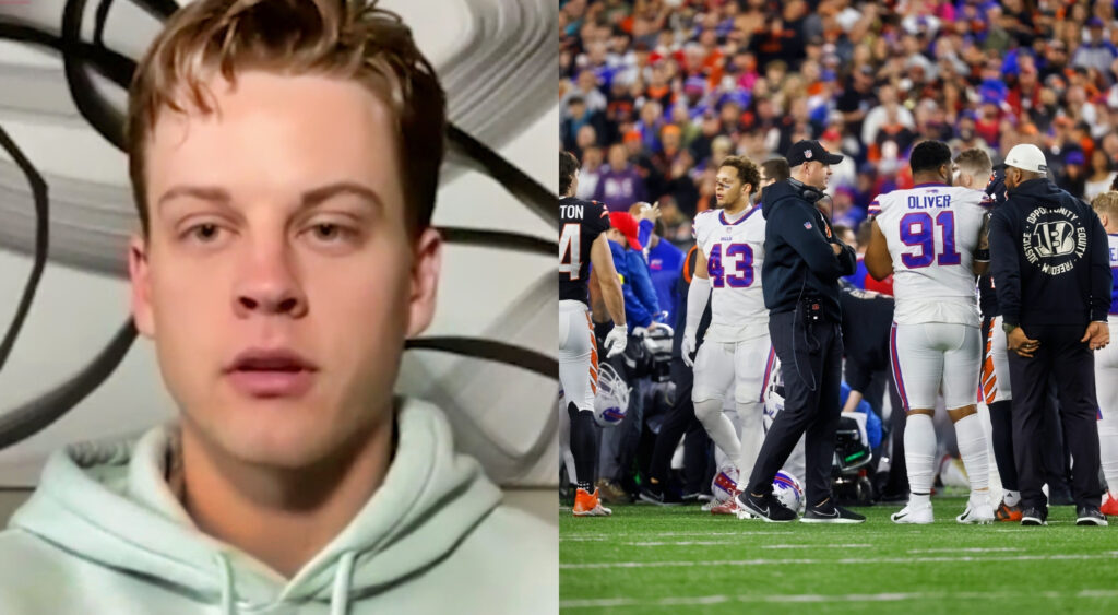 Photo of Joe Burrow speaking on podcast and photo of Bills players after Damar Hamlin incident