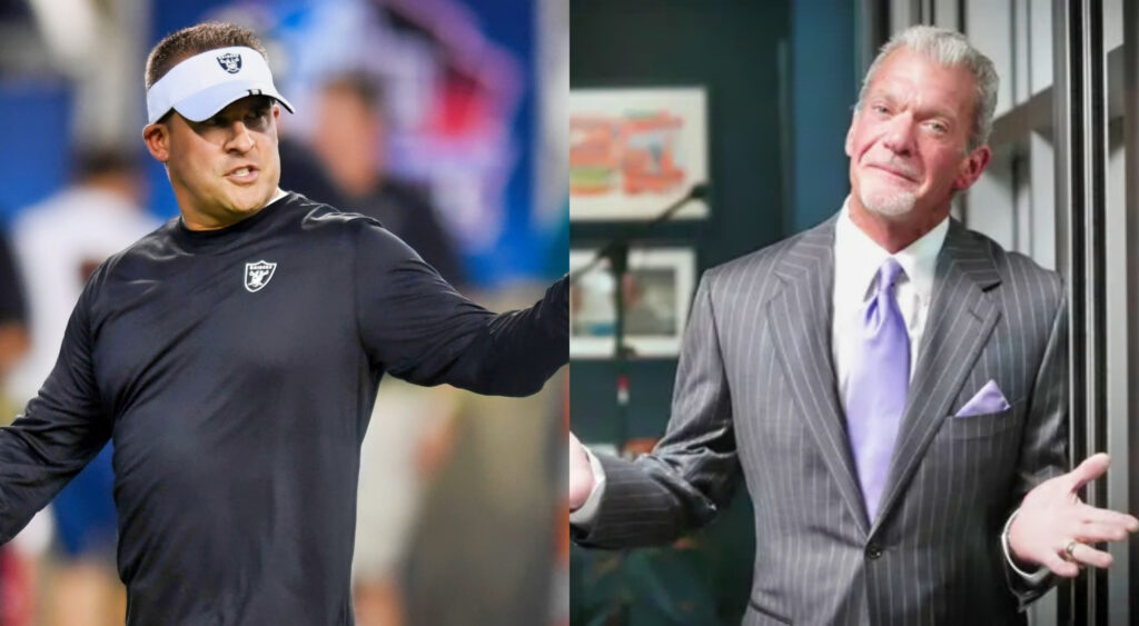 Photo of Josh McDaniels gesture and photo of Jim Irsay holding his arms open