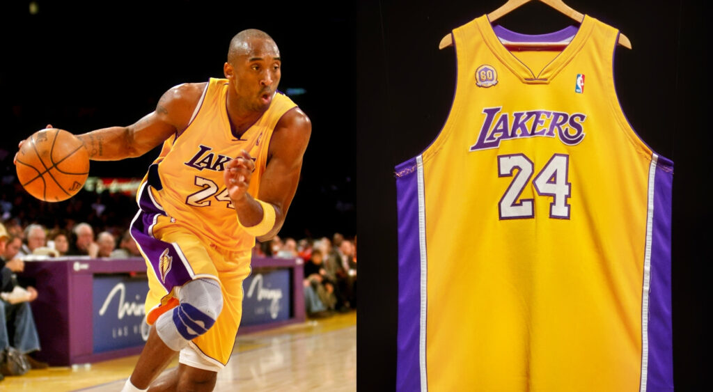 Photo of Kobe Bryant driving with basketball and photo of Kobe Bryant game-worn jersey