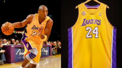 Photo of Kobe Bryant driving with basketball and photo of Kobe Bryant game-worn jersey
