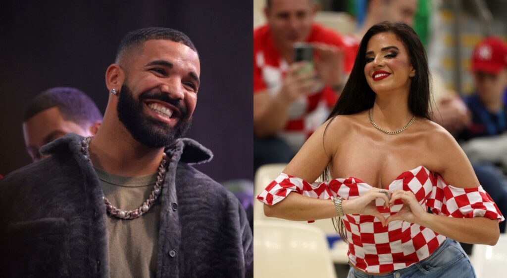 Rapper Drake smiling while picture shows Miss Croatia posing at World Cup