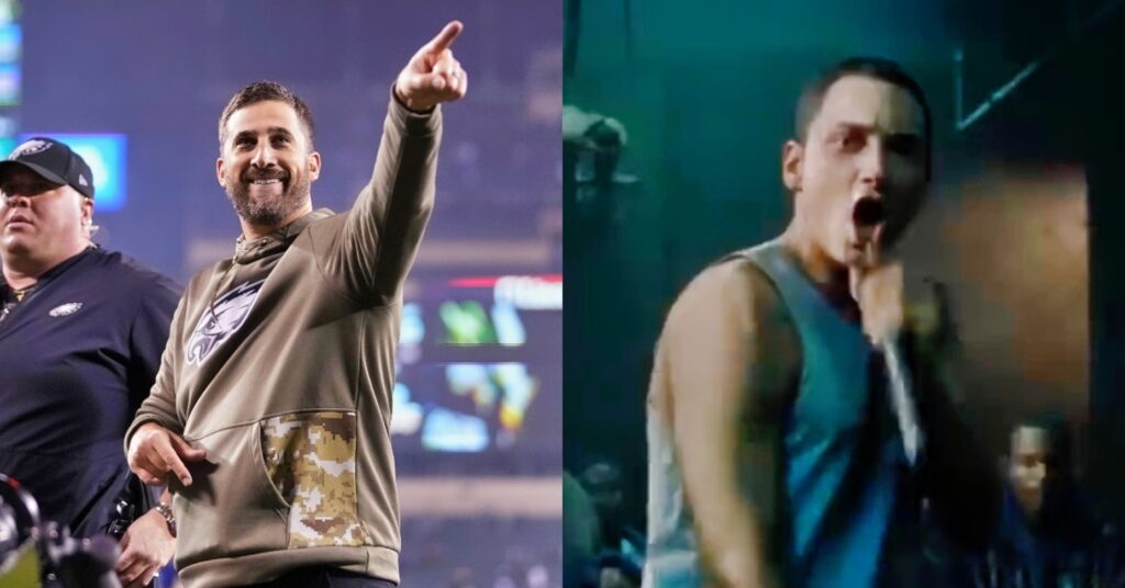 Split image of nick Sirianni pointing and Eminem rapping in 8 Mile