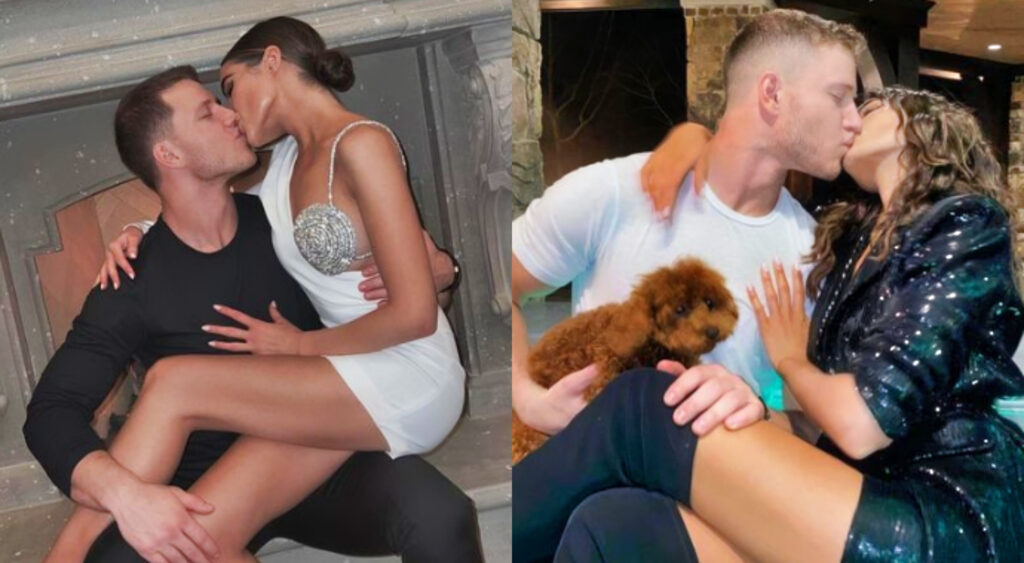 Two photos of Christian McCaffery and Olivia Culpo kissing
