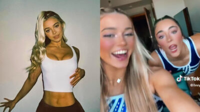 Photo of Olivia Dunne posing in white top and photo of Olivia Dunne recording video with LSU teammate