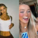 Photo of Olivia Dunne posing in white top and photo of Olivia Dunne recording video with LSU teammate