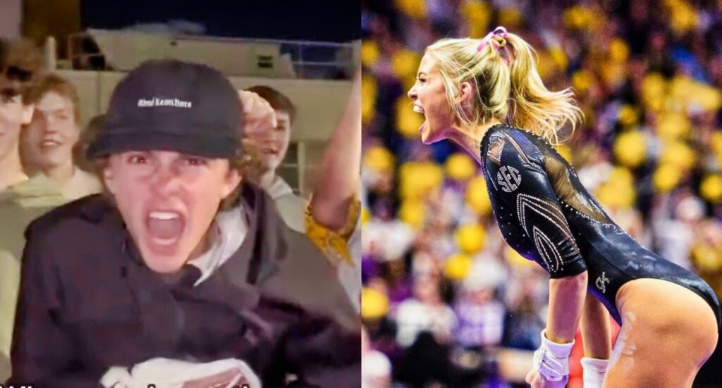 Split image of a fan screaming and Olivia Dunne screaming during a meet.