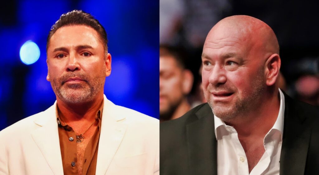 Oscar De La Hoya in white suit while picture shows Dana White looking on