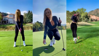 Three photos of Paige Spiranac playing golf hole