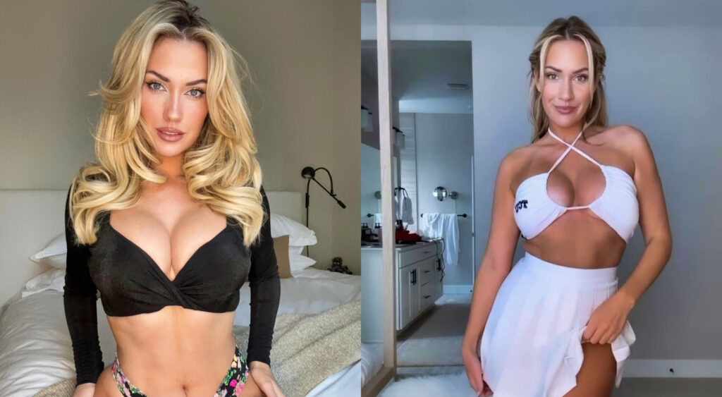 Paige Spiranac posing in black outfit and posing in white one