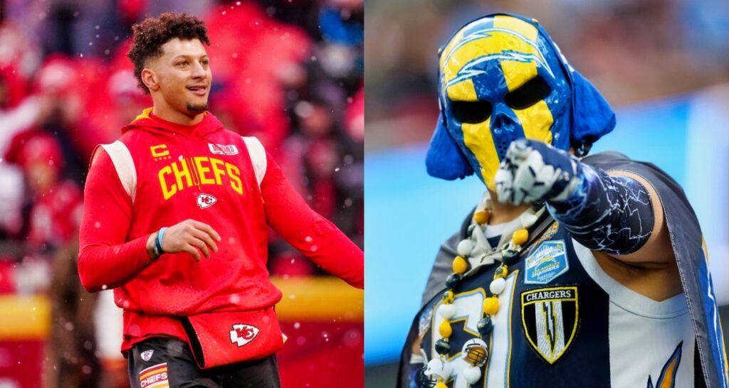 Split image of Patrick Mahomes warming up and Chargers Fan in a costume.