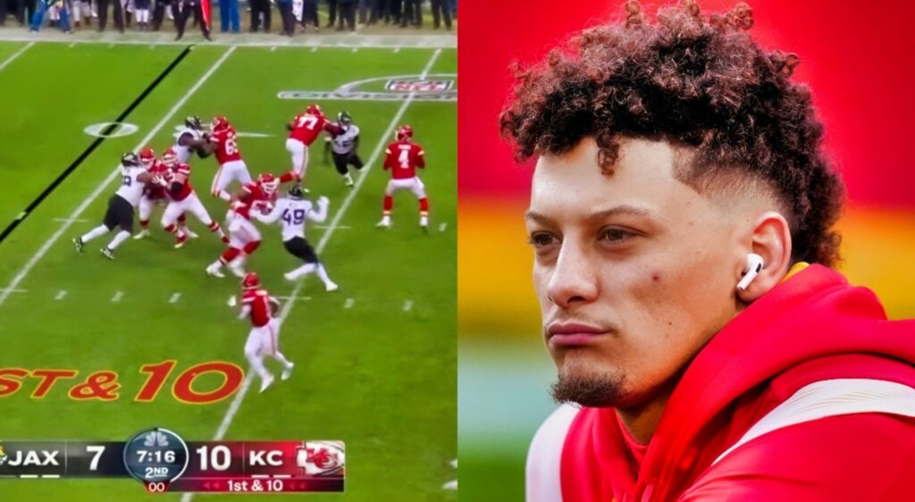Split image of a screenshot from Jags-Chiefs Game, and Patrick Mahomes looking on.