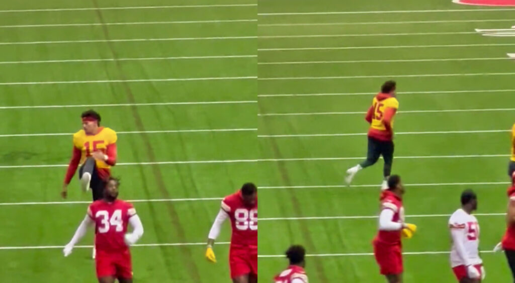 Two photos of Patrick Mahomes in practice