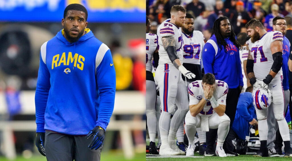 Photo of Bobby Wagner and photo of Bills players after Damar Hamlin collapse
