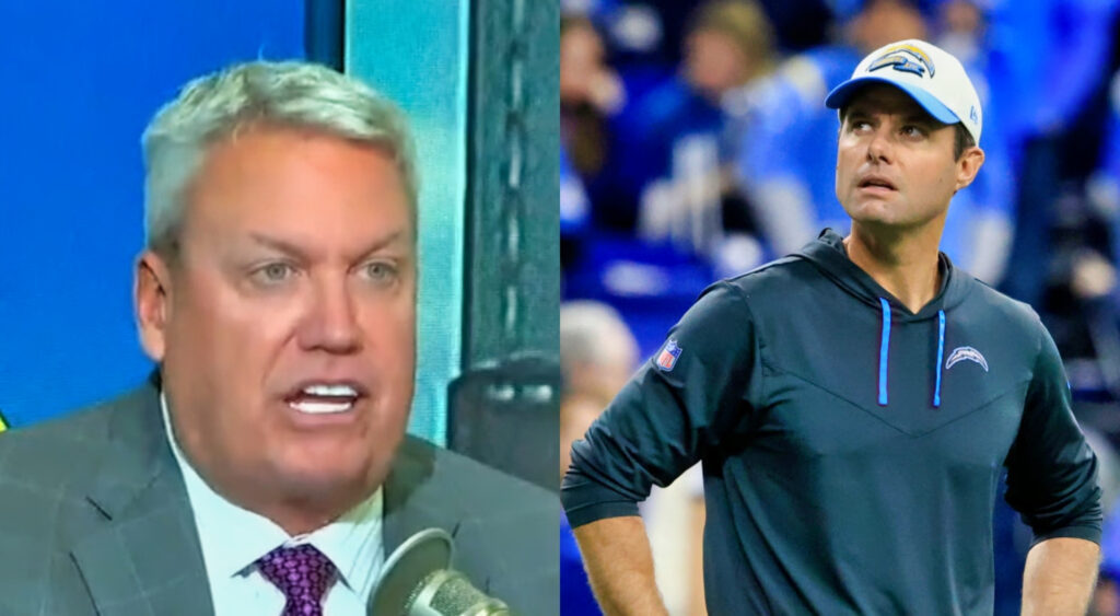 Rex Ryan in a suit while picture shows Brandon Staley in Chargers gear