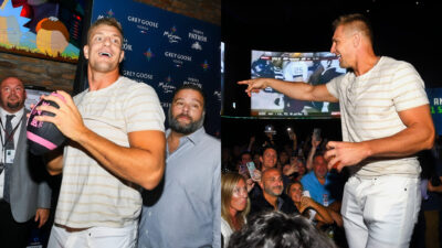 Two photos of Rob Gronkowski at FanDuel event