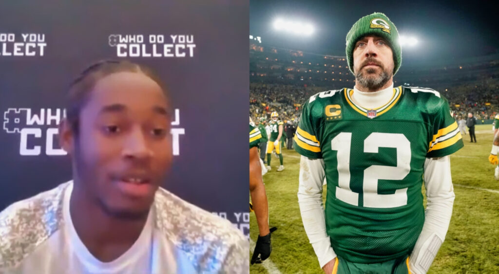 Romeo Doubs in white shirt while Aaron Rodgers is in uniform without helmet