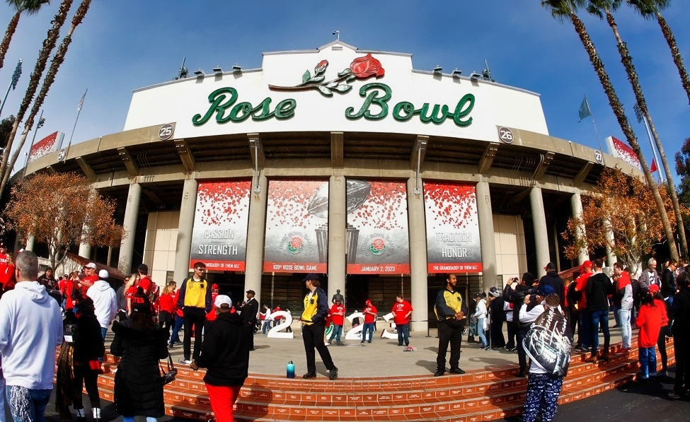 An outside view of the Rose Bowl stadium in Pasadena, California.