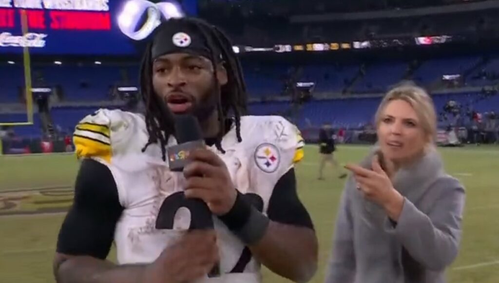 NBC reporter Melissa Stark reacts after Najee Harris takes microphone in post-game interview.
